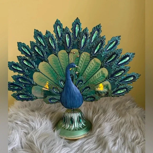 Glass and metal peacock tea light flameless candle holder - Picture 2 of 3